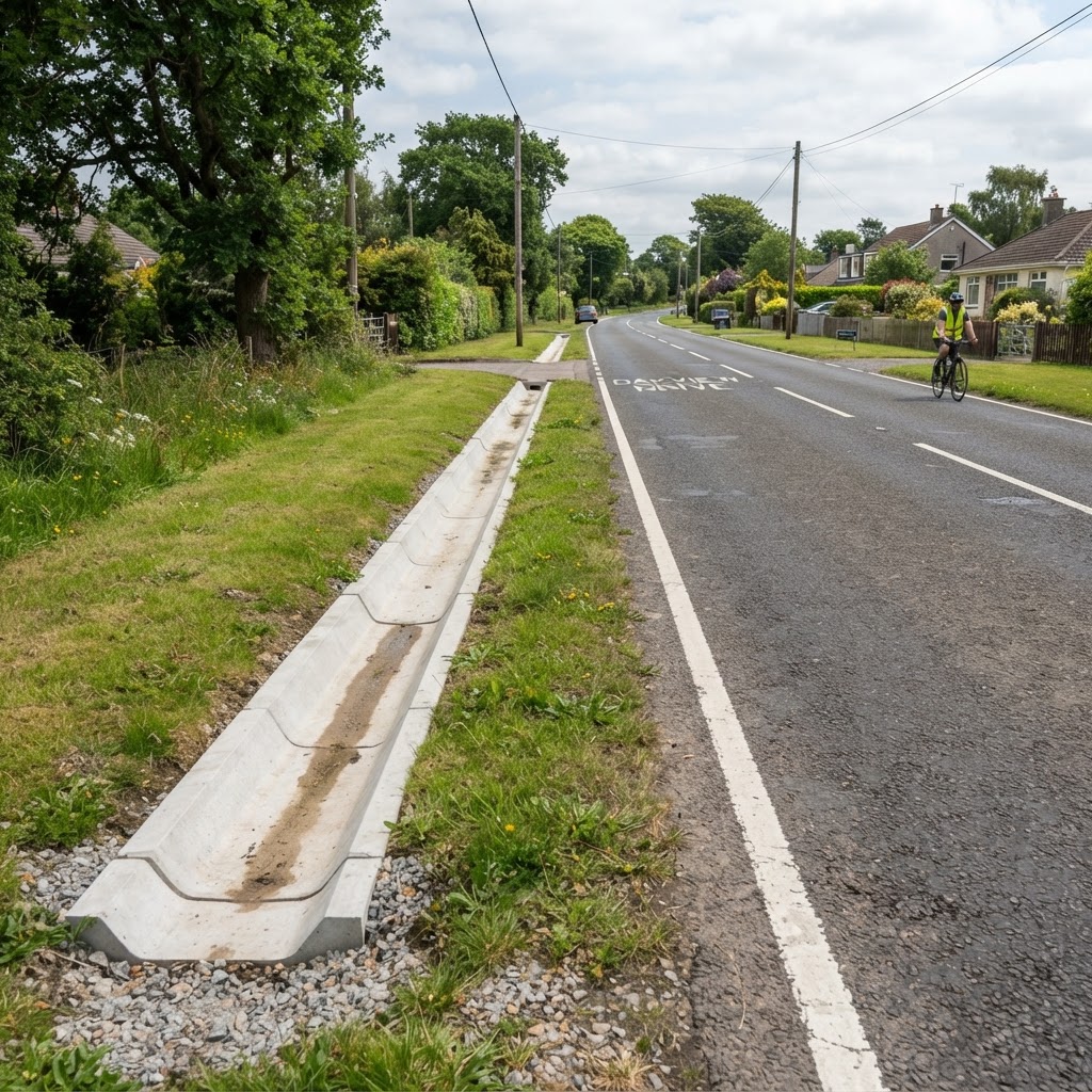 Shallow concrete drains installed along a road