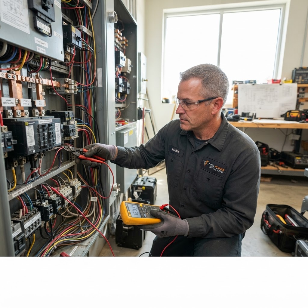 Skilled technician repairing and diagnosing AC electrical components in a residential setting