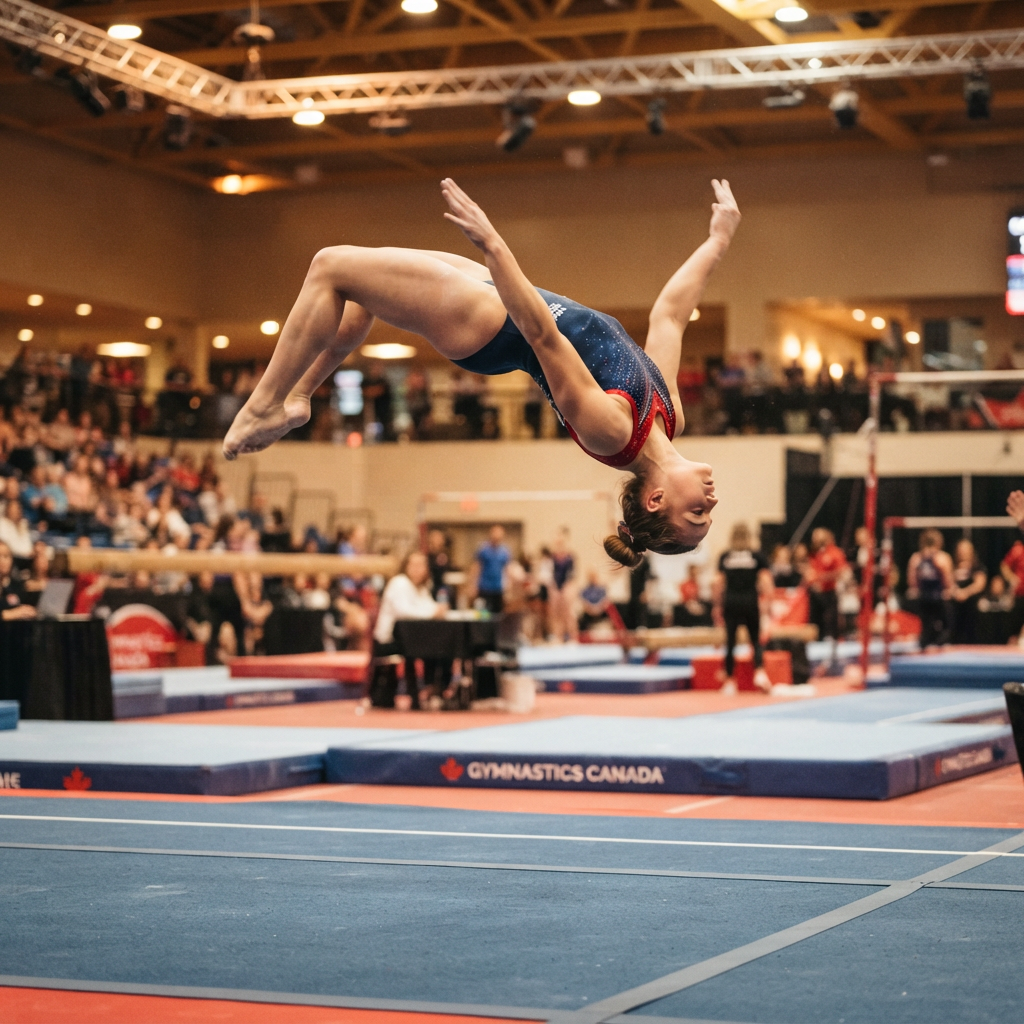 Gymnast mid-flip on a sprung floor in warm gym lighting