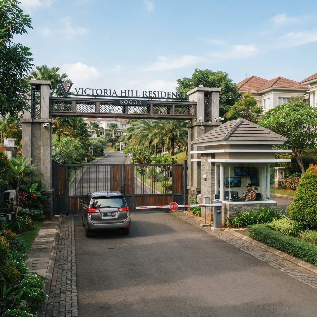Modern gated residential society entrance with security infrastructure, bright daytime