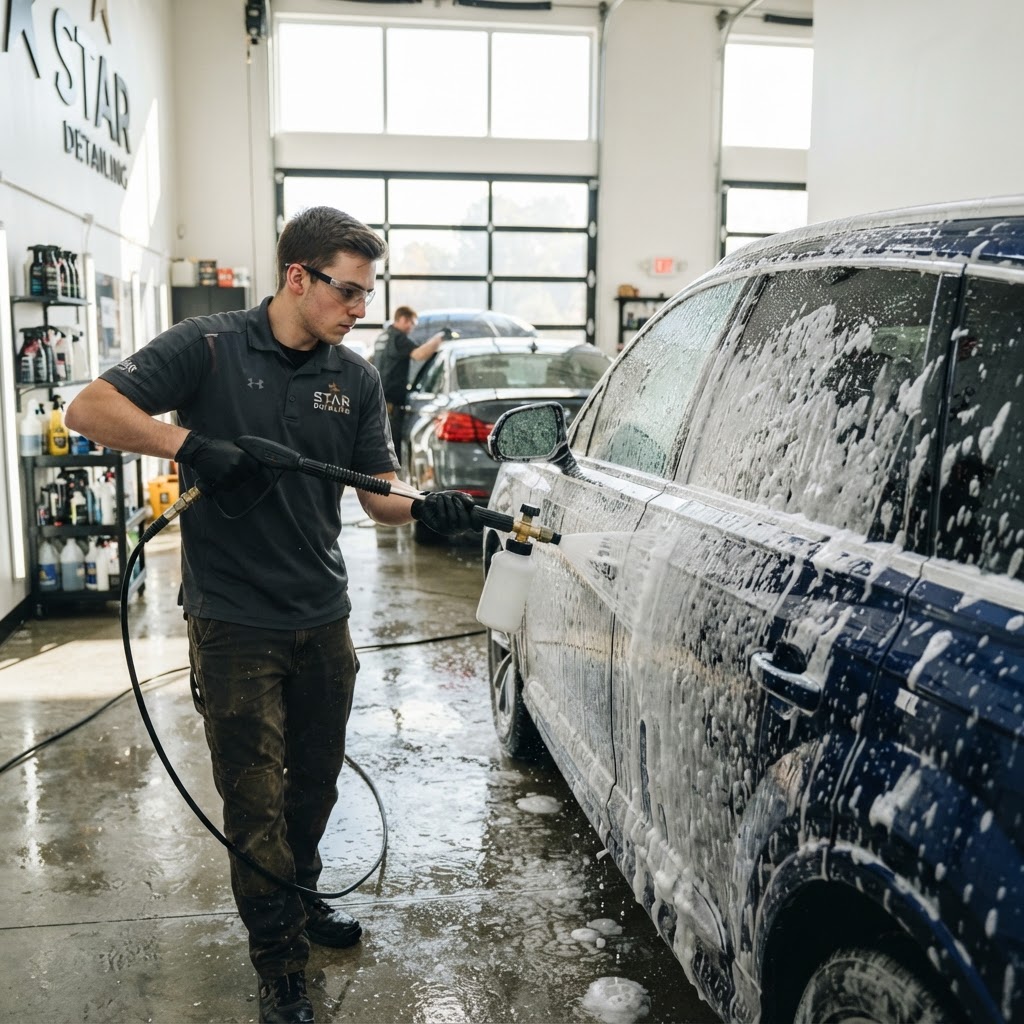 Technician performing enhanced star cleaning on a car with foam wash