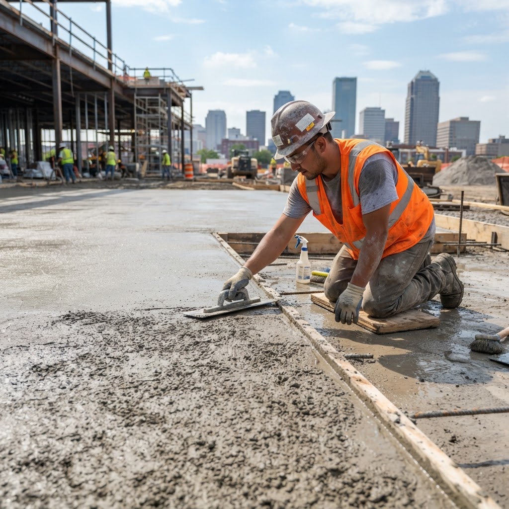 Smooth concrete surface finishing preparation work on a commercial Louisville property