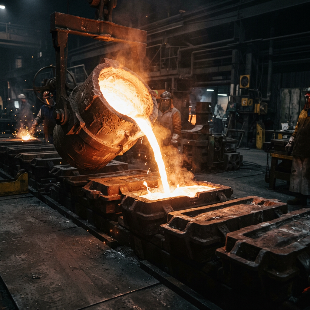 Molten recycled aluminium being poured into ingots at a remelting plant