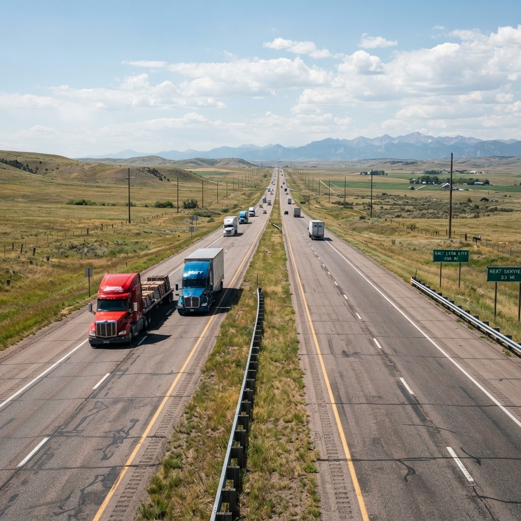 American highway road stretching into the distance, long-distance freight transportation route