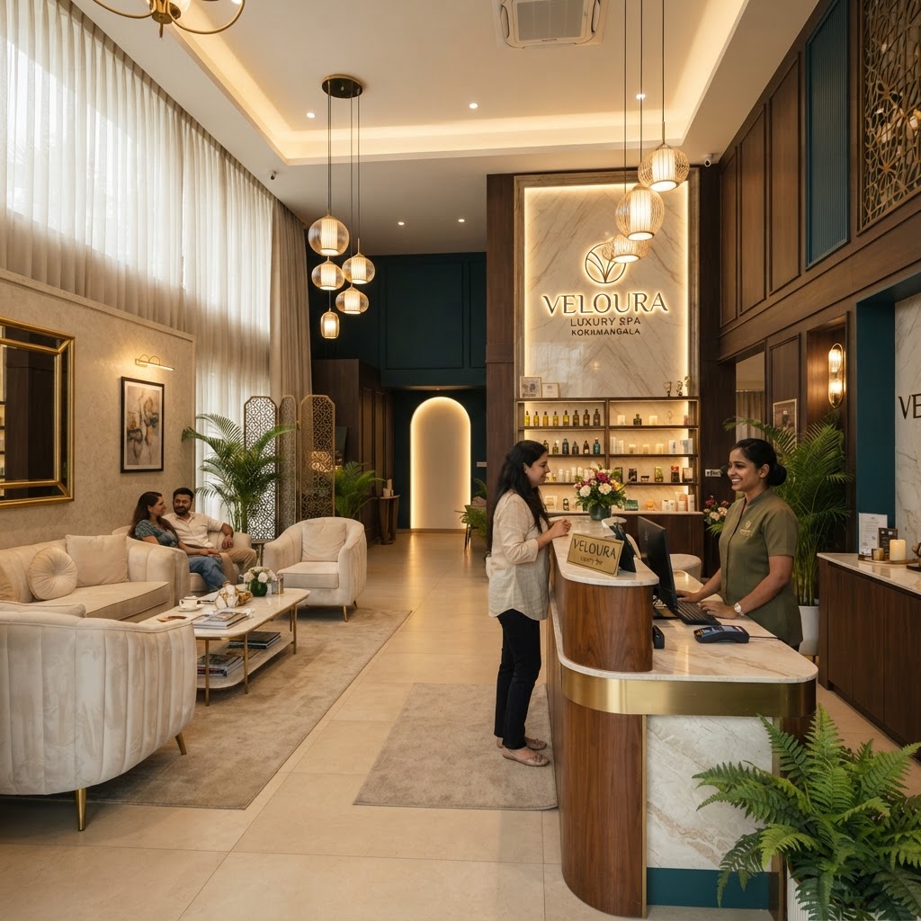 Welcoming spa reception area at Veloura Luxury Spa Koramangala