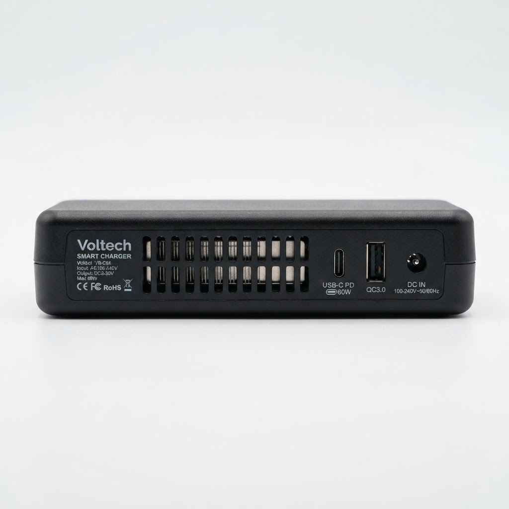 Voltech smart charger side view showing cooling vents and connector ports
