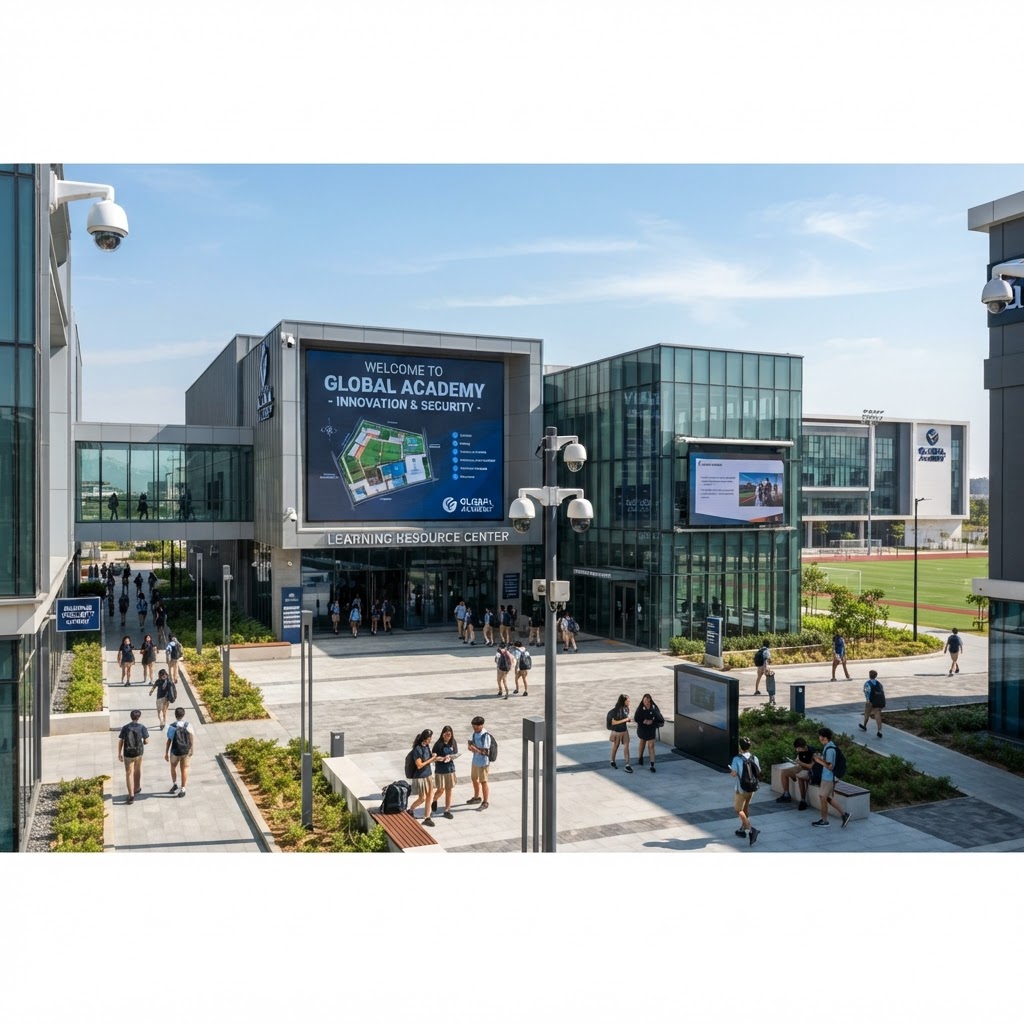 Modern international school campus with students in a technology-equipped classroom