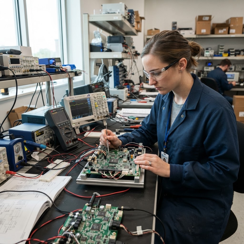 Engineer configuring and testing electronic circuit boards and control systems