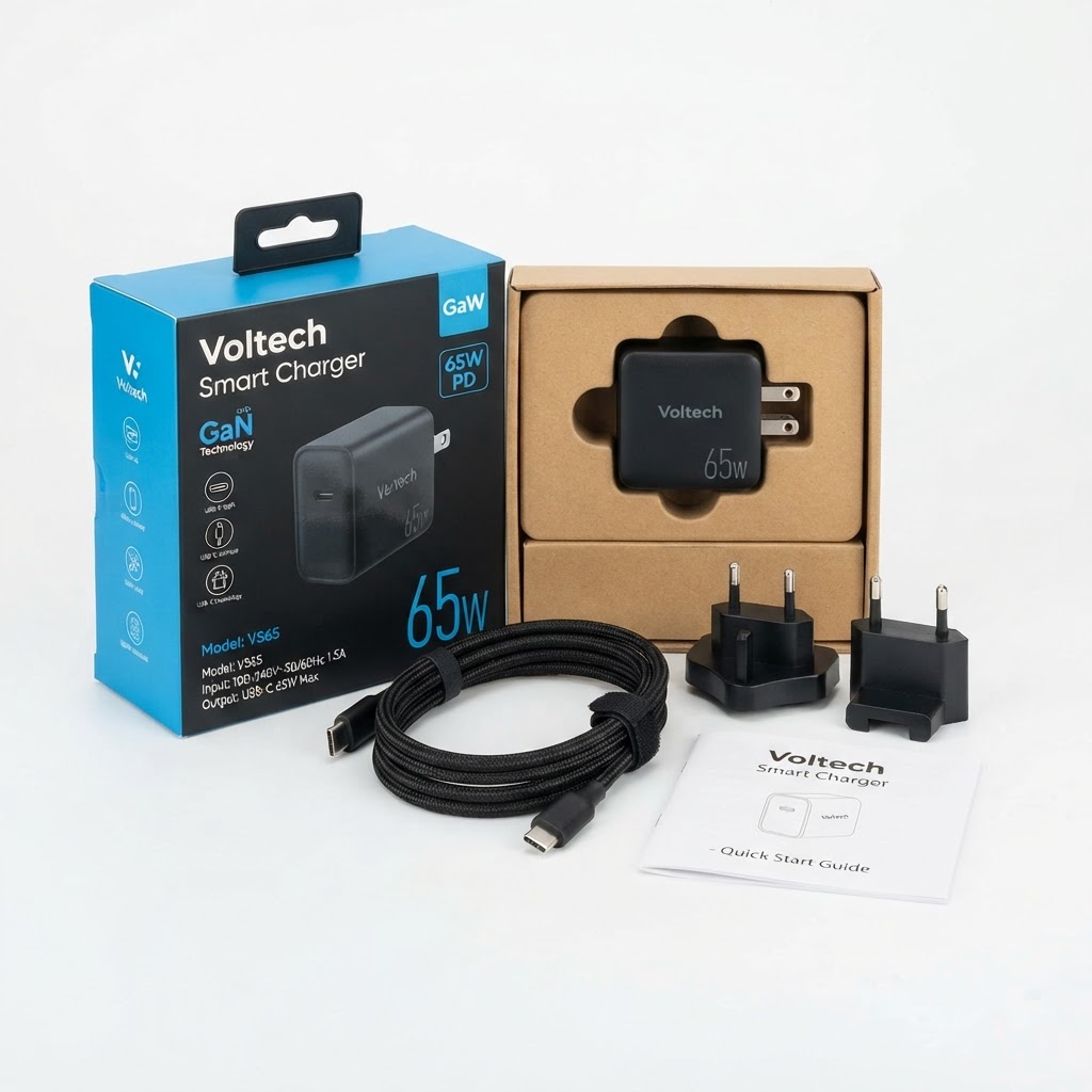 Voltech smart charger packaging and accessories included in the box