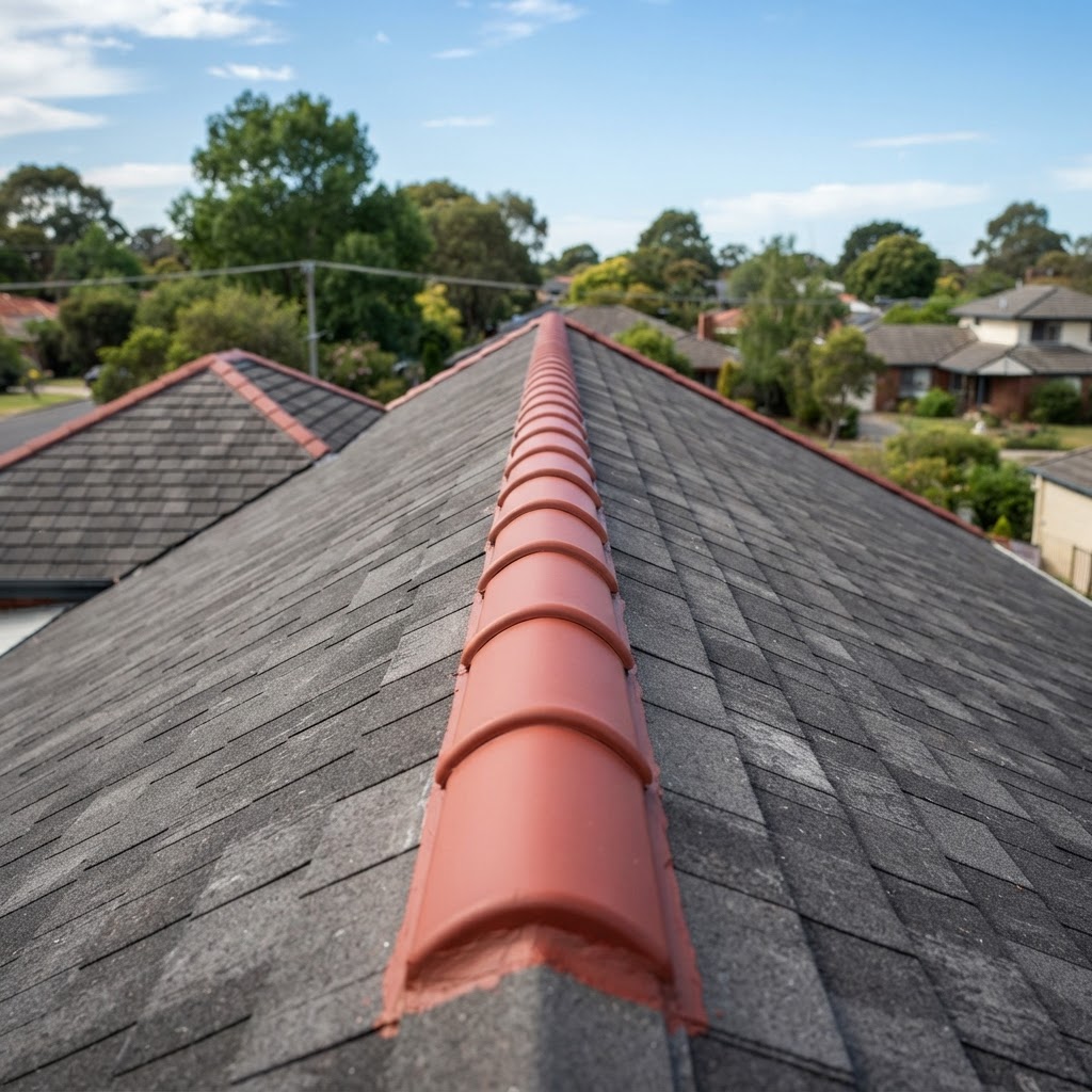 Smooth red ridge caps on a roof ridge