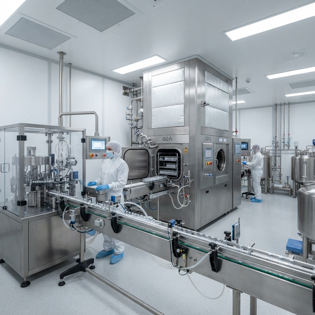 Sterile liquid pharmaceutical manufacturing facility with fill-finish and lyophilization equipment