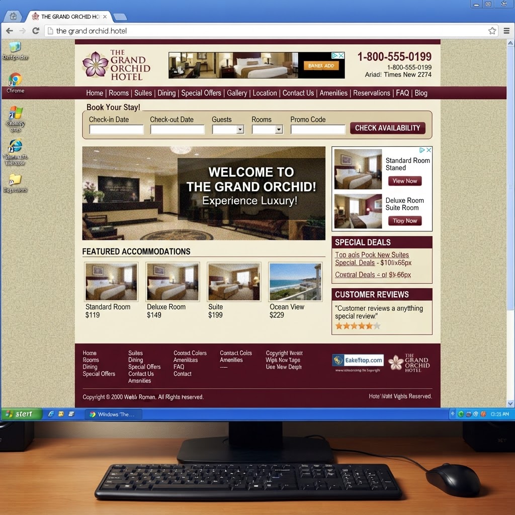 Dated hotel website with small room thumbnail photos, cluttered navigation bar, and poor mobile layout