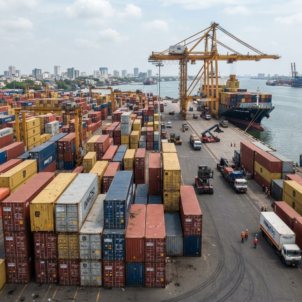 Shipping containers at Kochi port representing Inmatso's export operations