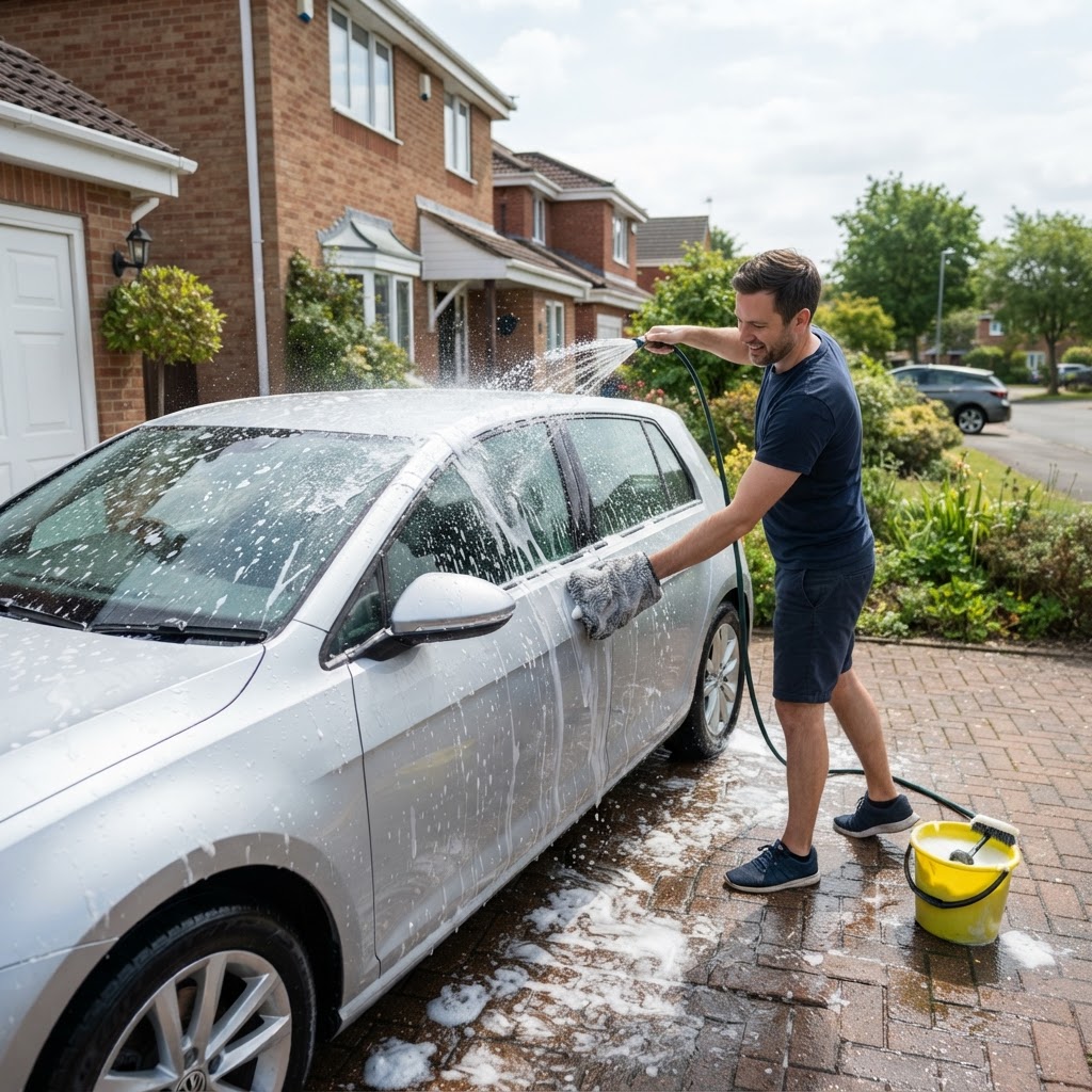 Basic car wash with water and soap at a residential doorstep