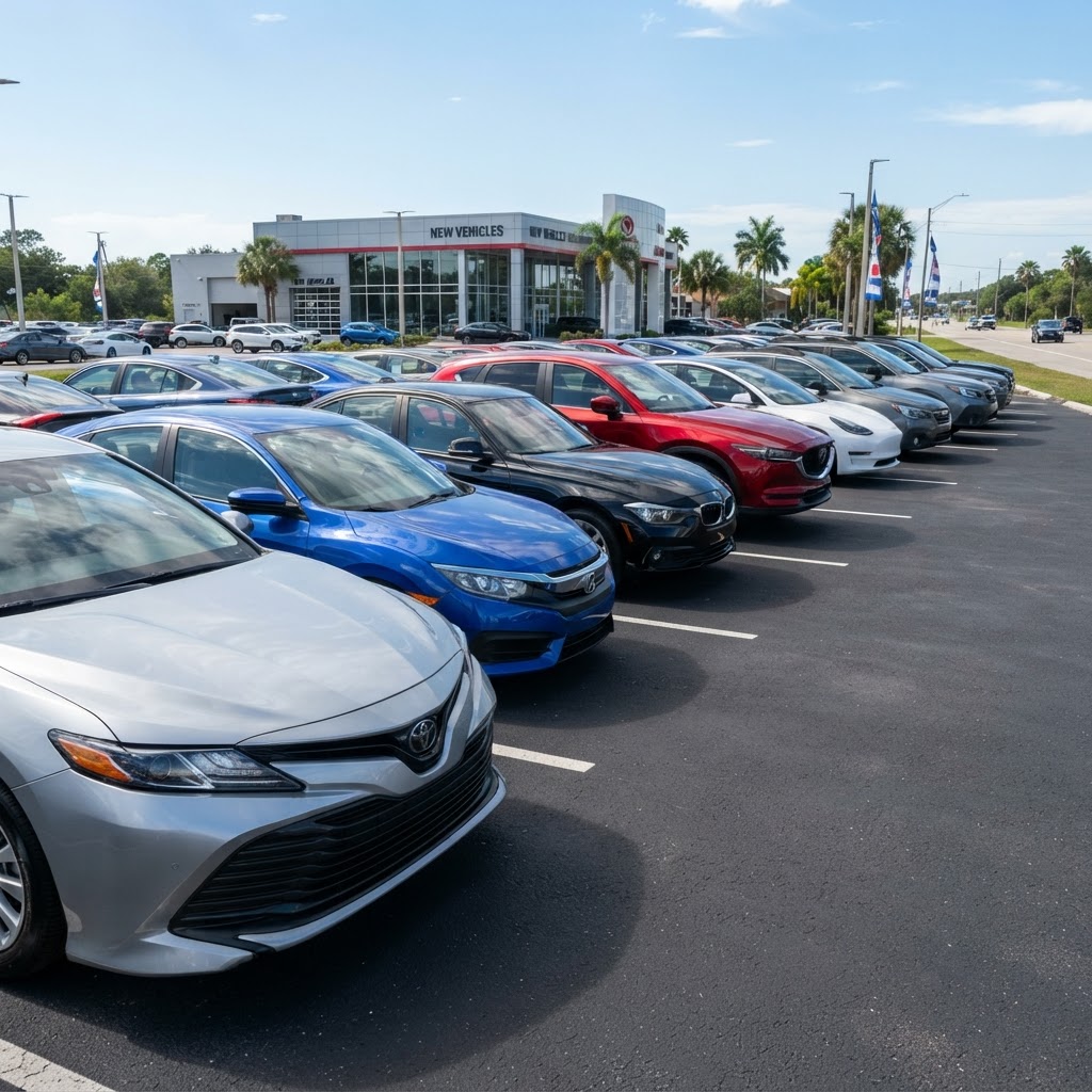 Row of new cars at a dealership lot — vehicle depreciation begins the moment a car is driven off the lot