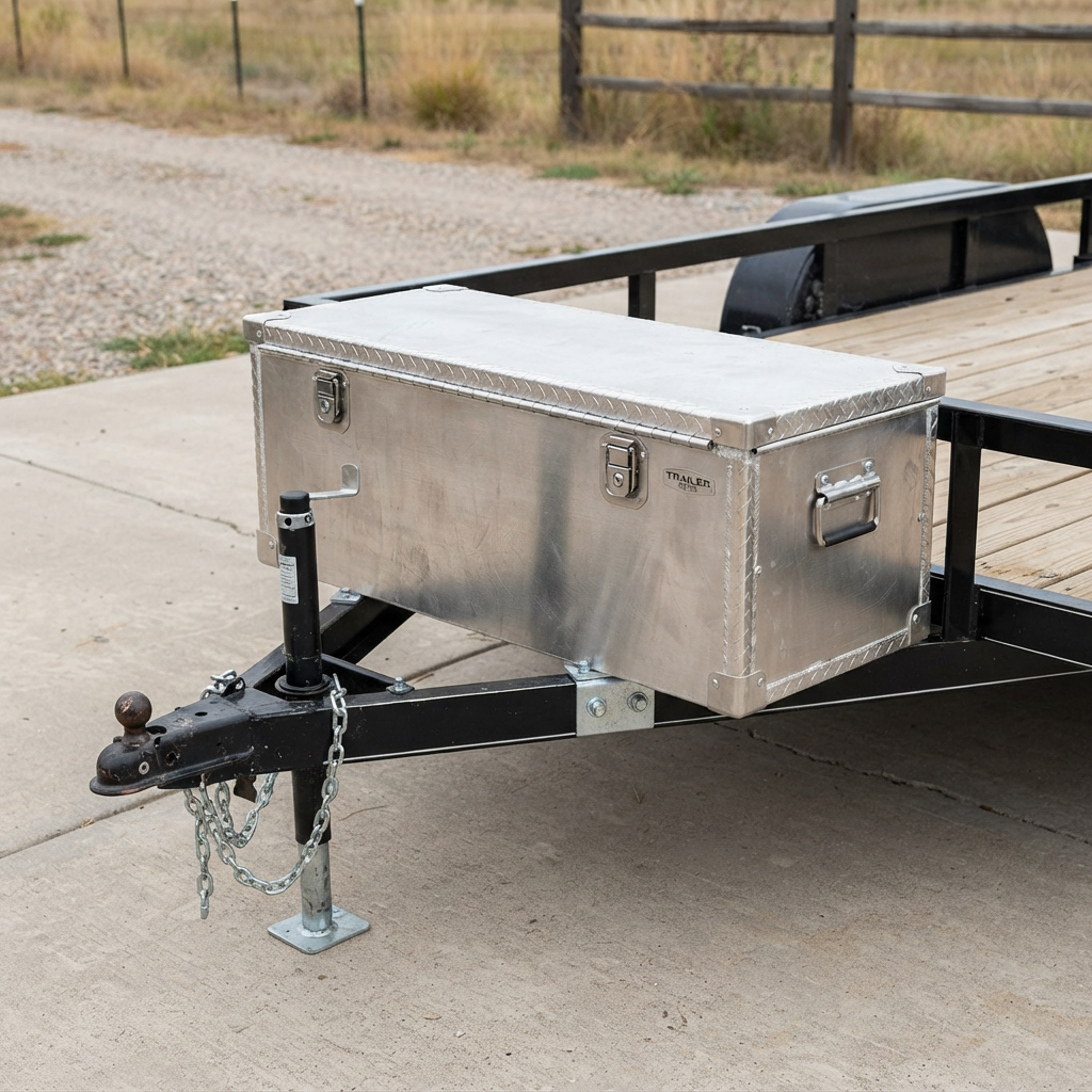 Aluminum storage box on the tongue of a utility trailer