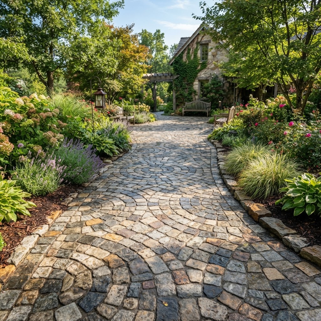 Decorative cabro pavers in a landscaped outdoor area