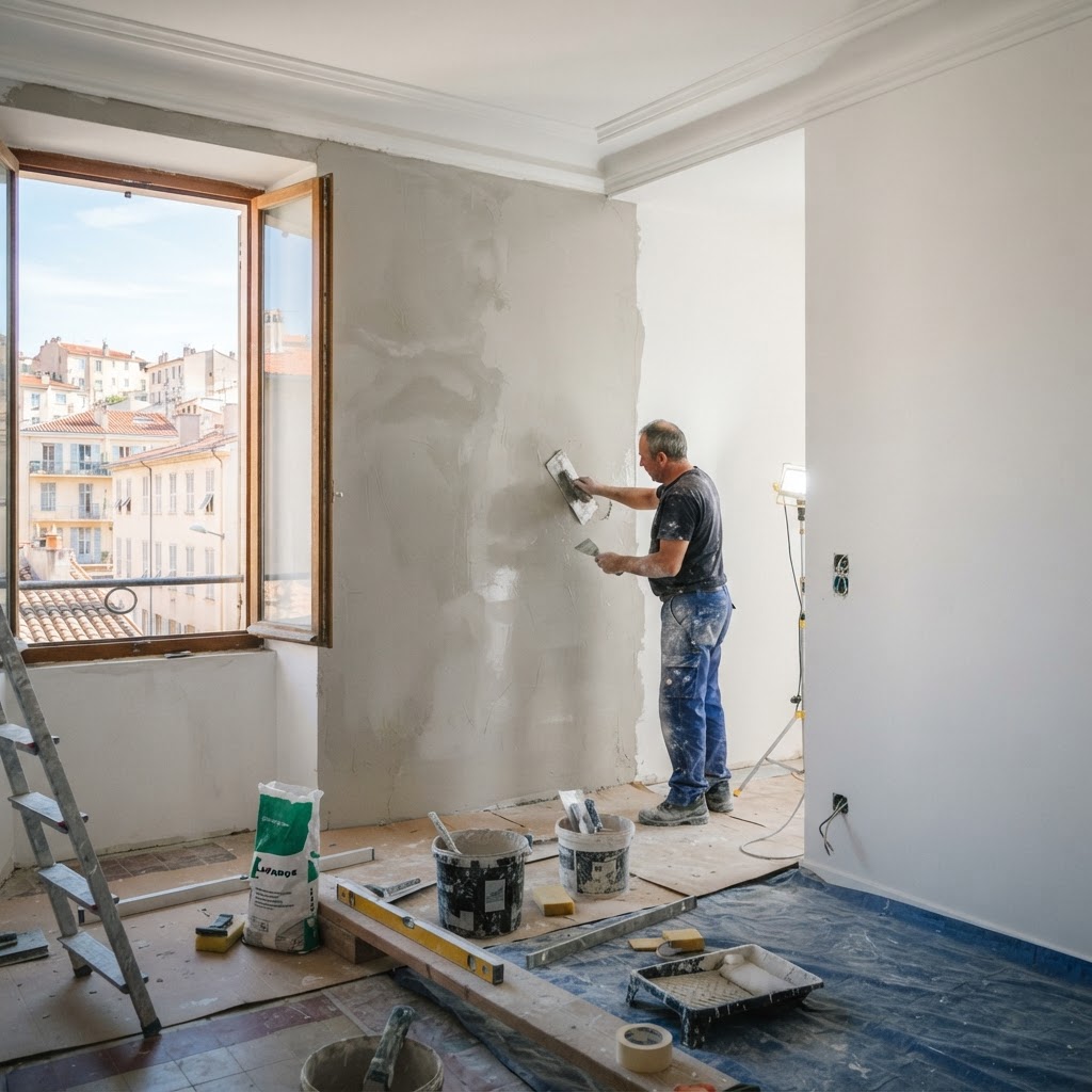 Chantier de rénovation intérieure à Marseille, murs refaits à neuf, plâtrage et enduits