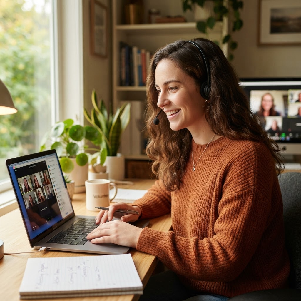 Person using a laptop with headphones for an online appointment