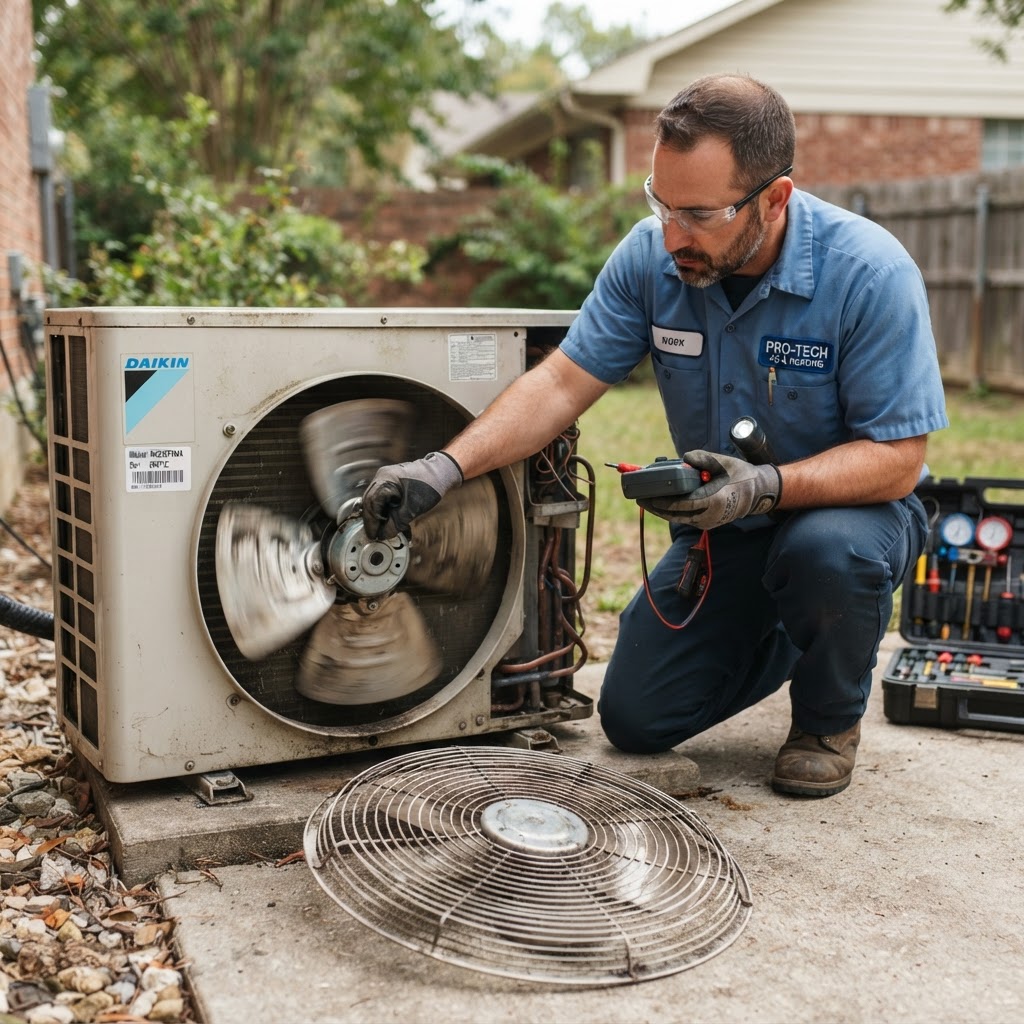 Professional AC technician inspecting a split air conditioner unit in a modern home interior