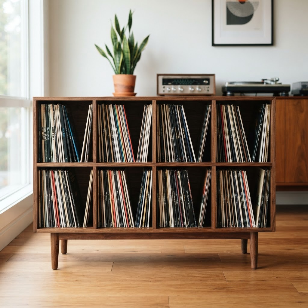 Walnut record storage cabinet with open compartments for vinyl records, mid-century modern