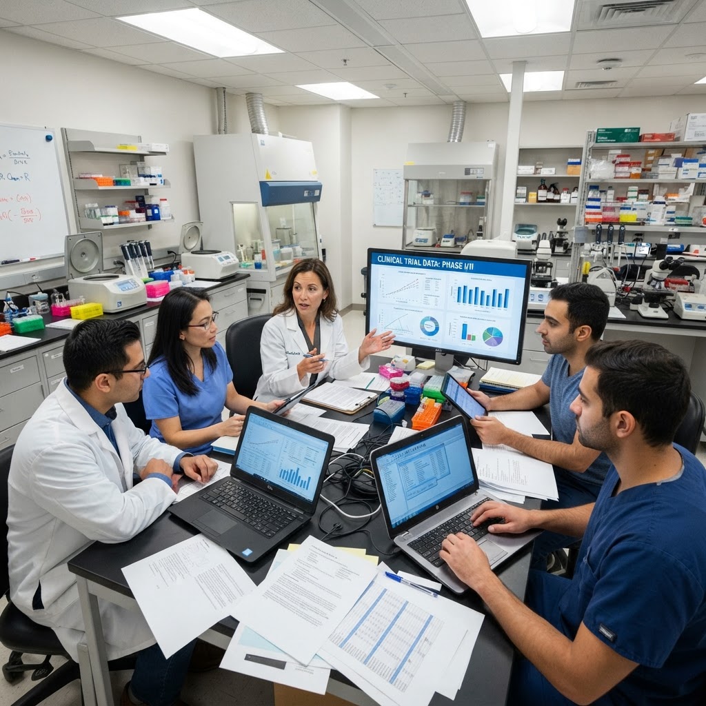 Clinical research team reviewing early phase trial data in a pharmaceutical development laboratory