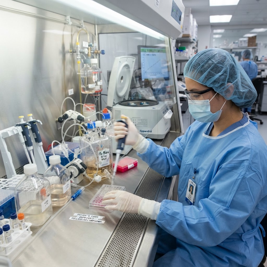 CAR T-cell therapy manufacturing for follicular lymphoma treatment with CD19-directed cellular immunotherapy in oncology laboratory