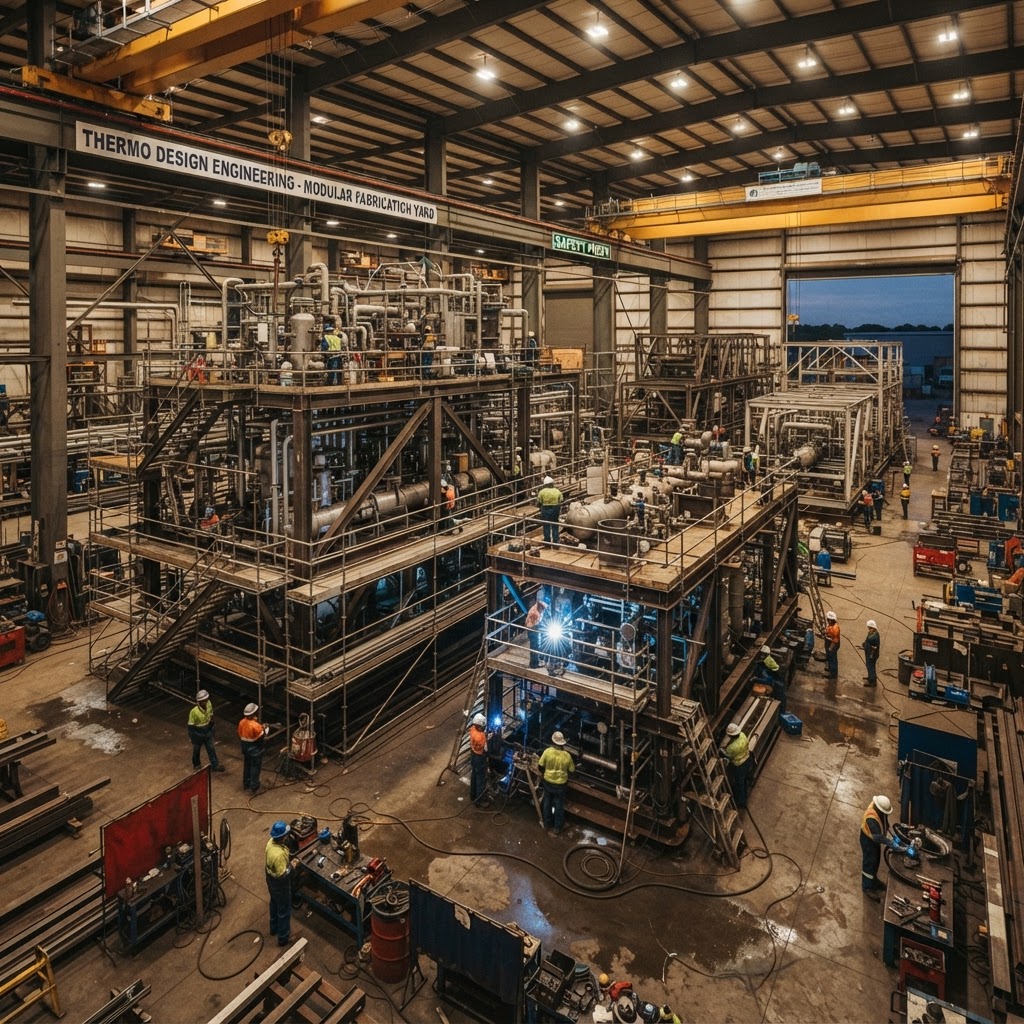 Thermo Design Engineering modular fabrication facility showing large-scale process modules under construction