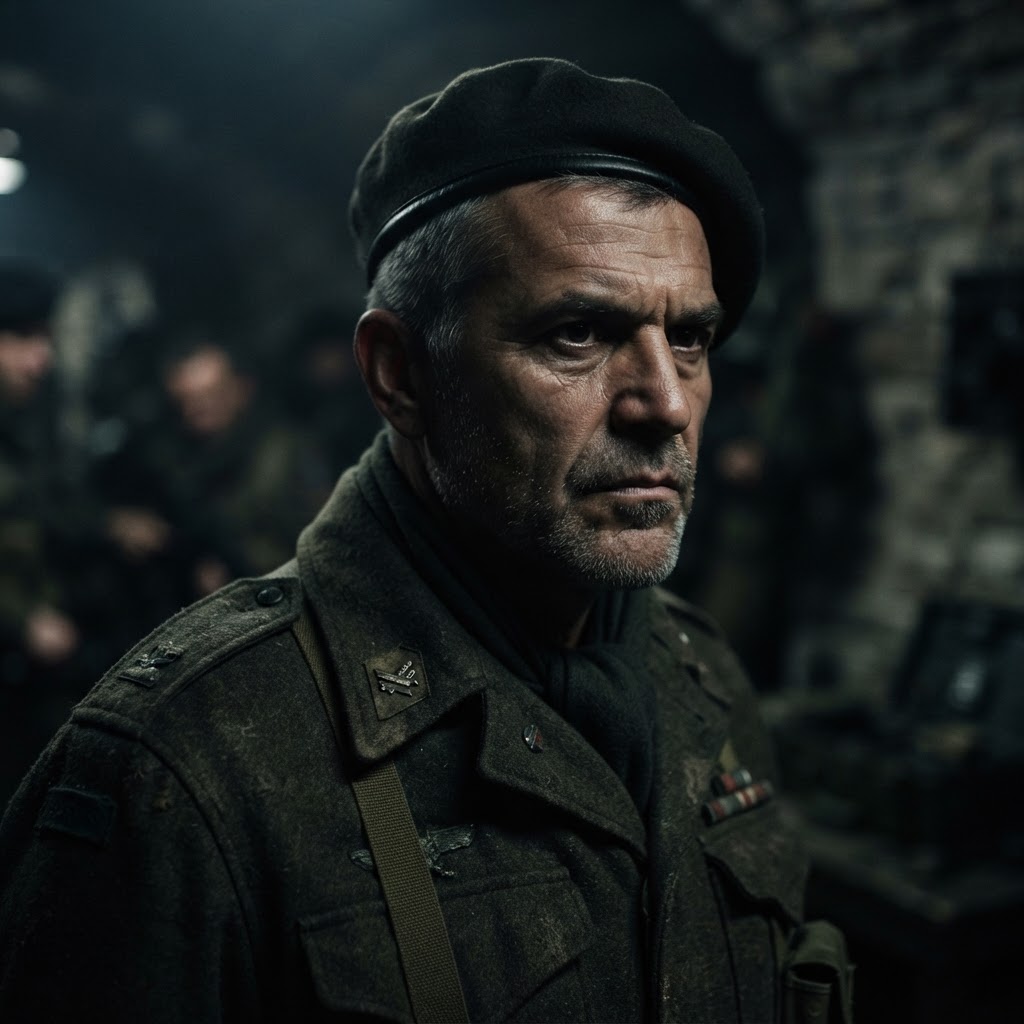 Military commander portrait, dark atmospheric lighting, blue-tinted environment