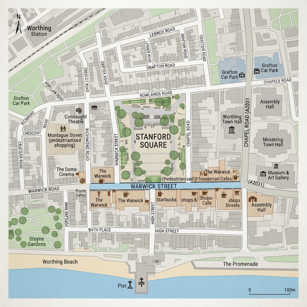 Worthing town centre map area showing Stanford Square location near Warwick Street