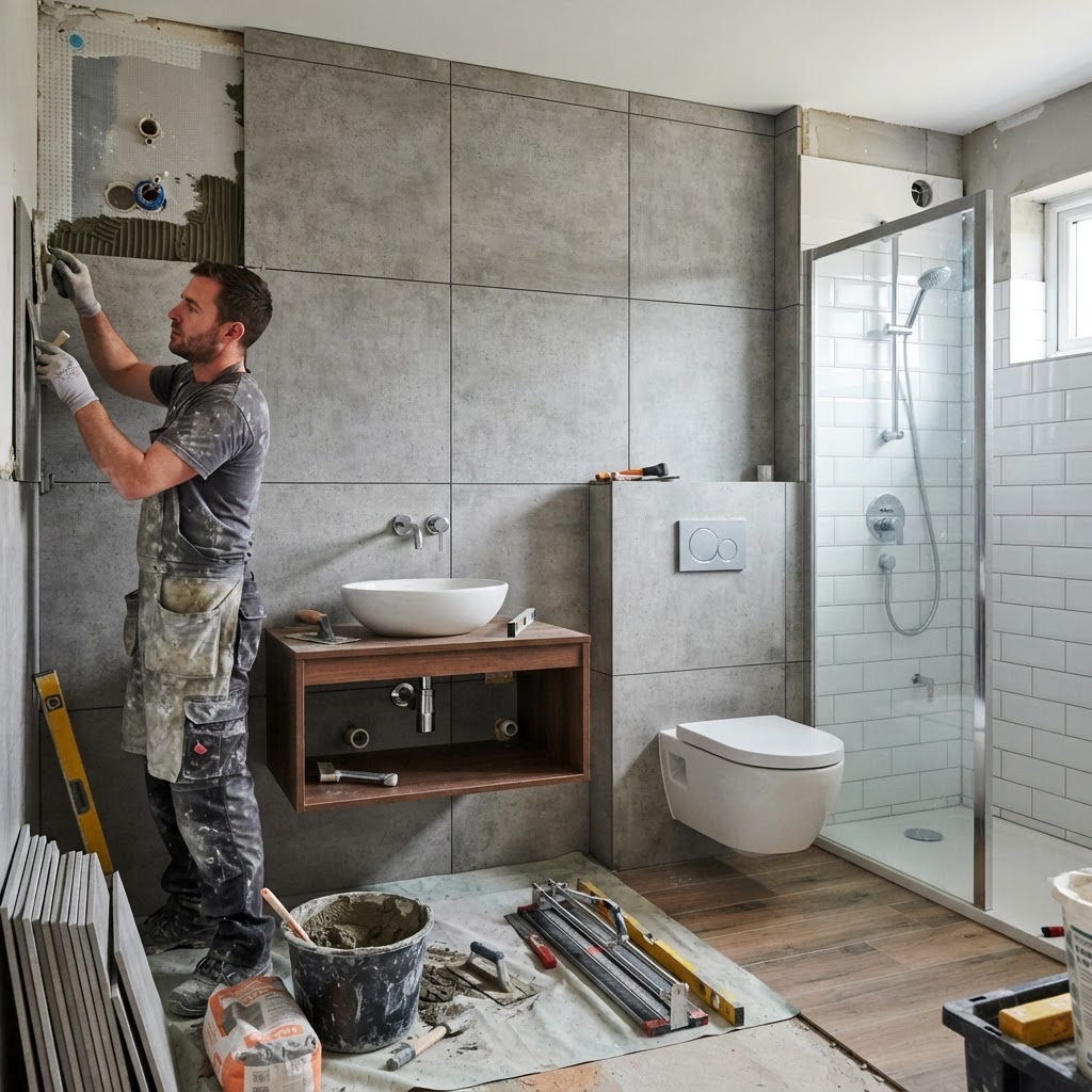 Bathroom finishing — wall tiling with sanitary ware installation