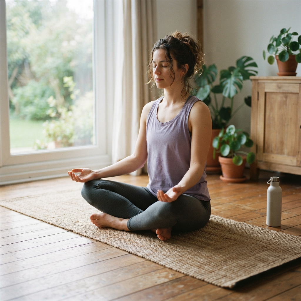 Adult finishing a home movement session on a mat in a calm room