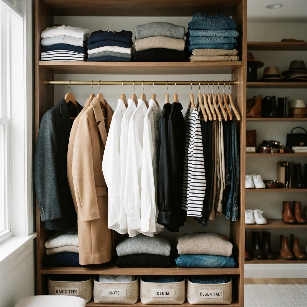 Wooden closet drawers and shelving holding folded clothing