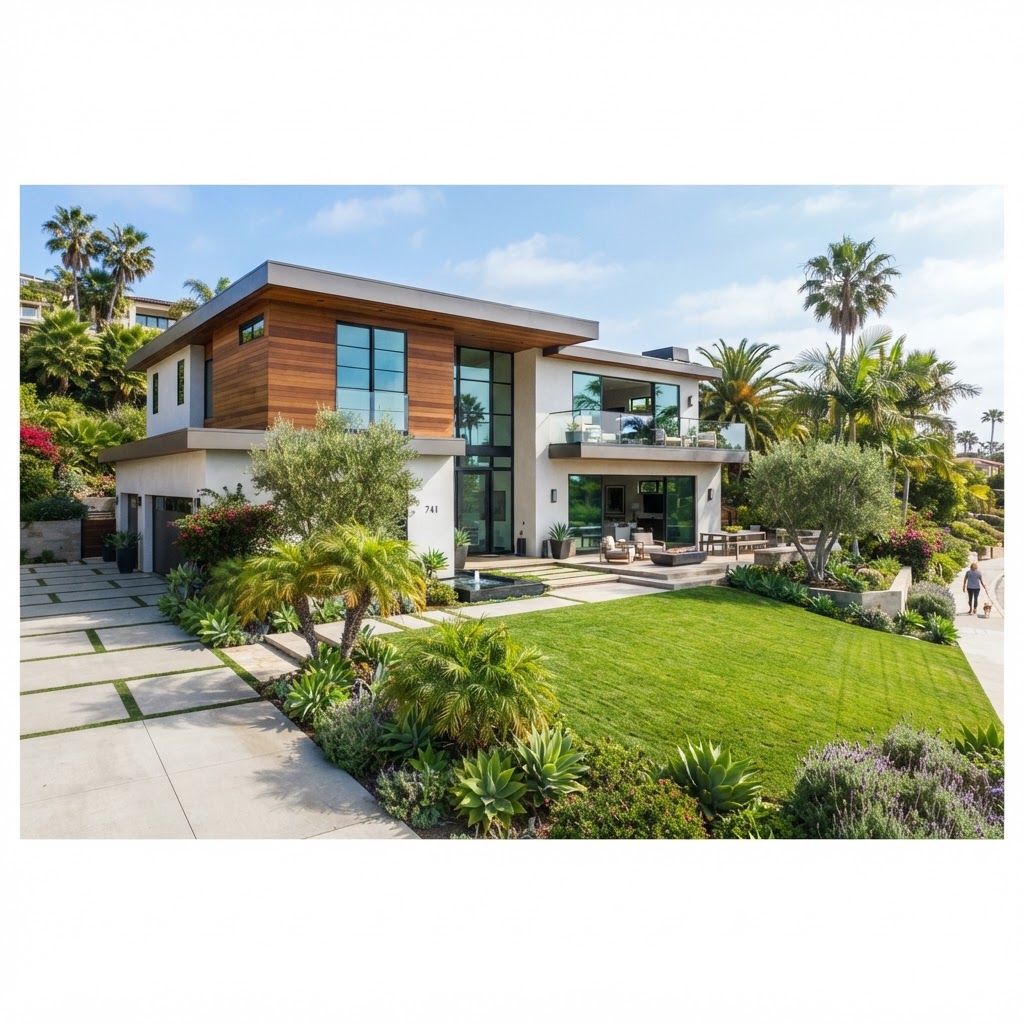 Beautiful modern Southern California home exterior with manicured lawn, representing the San Clemente residential neighborhoods served by Dirty Raccoon LLC