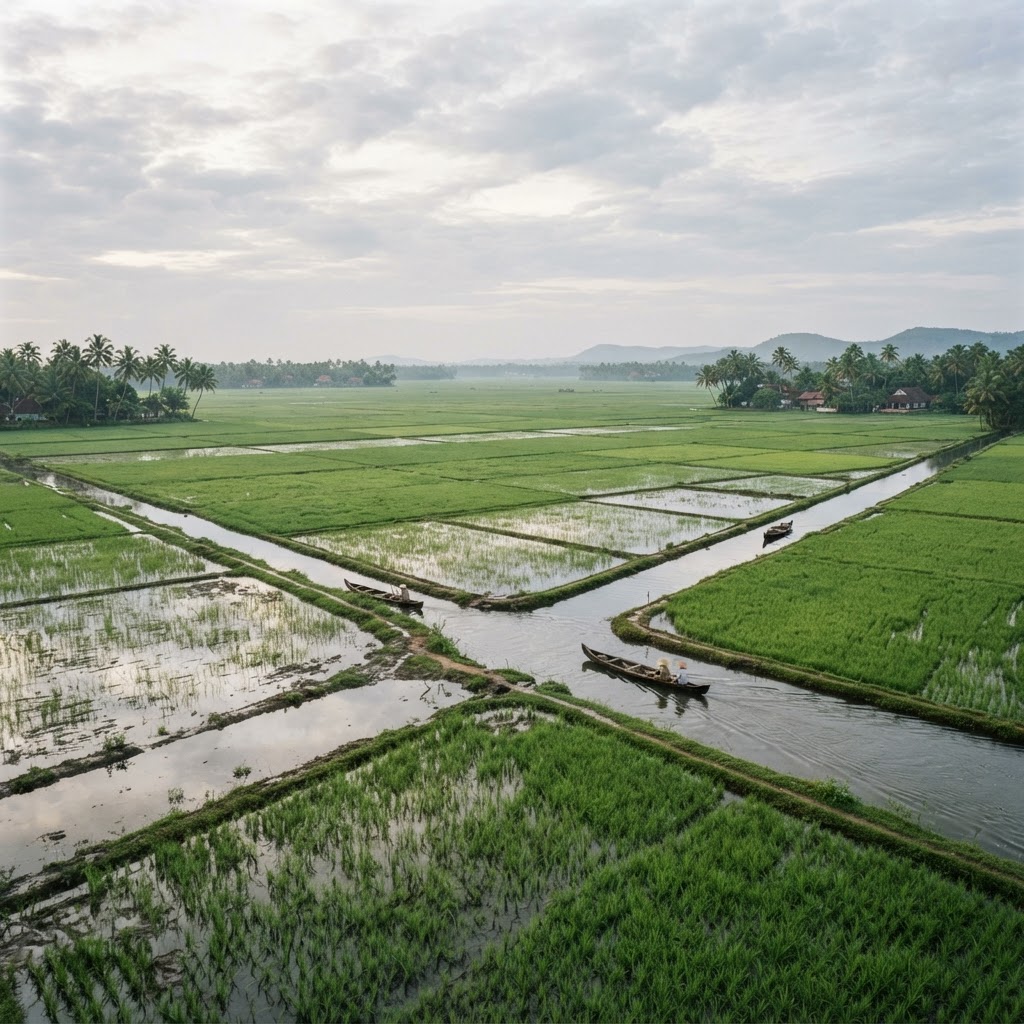 Vast Kuttanad paddy fields stretching to the horizon — lush green rice paddies, the rice bowl of Kerala