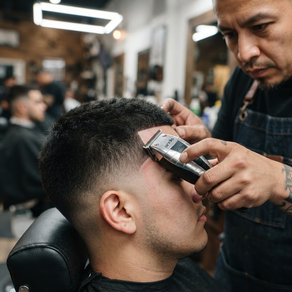 Barber using a trimmer to sharpen a client hairline