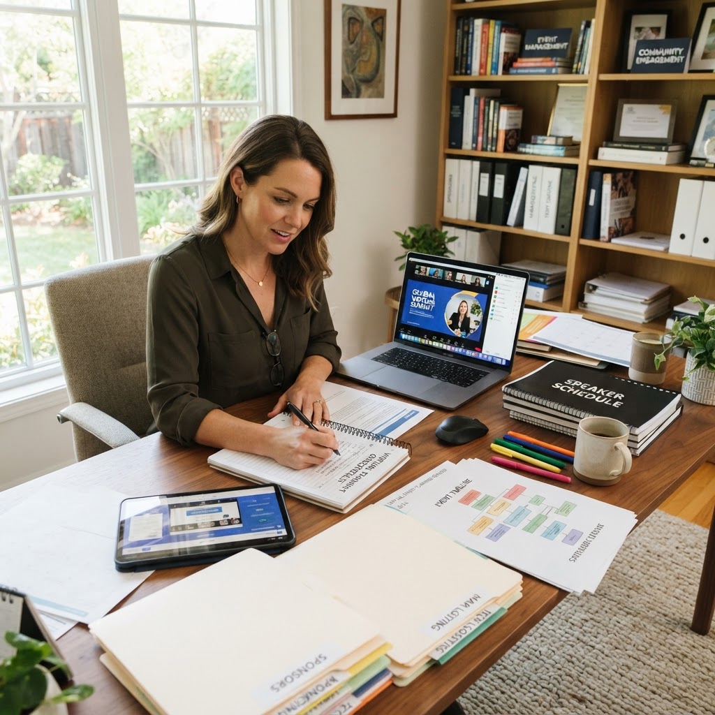 Professional home office setup with laptop showing video conference interface and organized workspace for virtual event planning