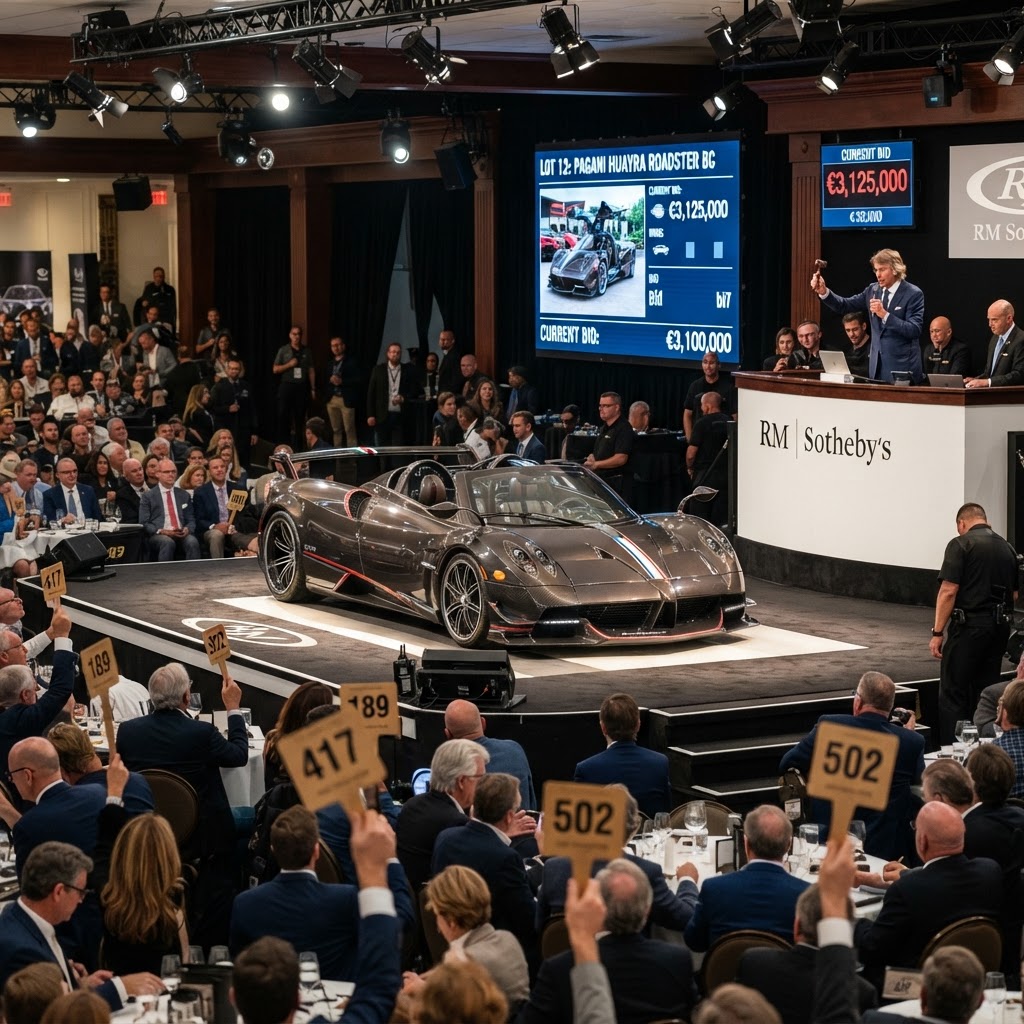 Luxury supercar at an auction event — representing the process of buying a rare Pagani at specialist auction houses