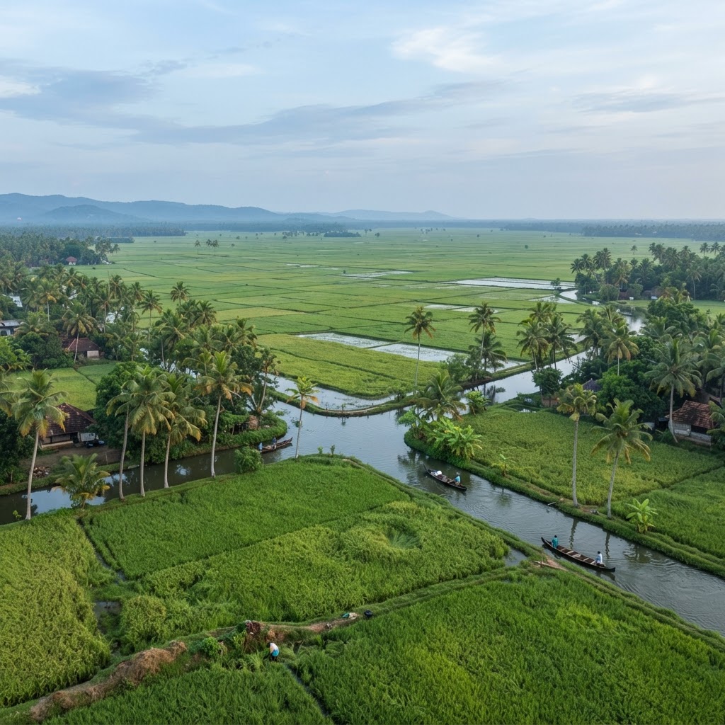 Vast Kuttanad paddy fields stretching to the horizon — lush green rice paddies of Kerala, the rice bowl of India, flat landscape with coconut palms
