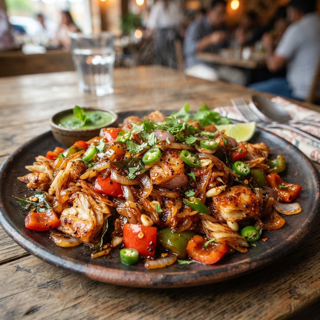 Chilly parota shredded flatbread tossed with chilli sauce and peppers