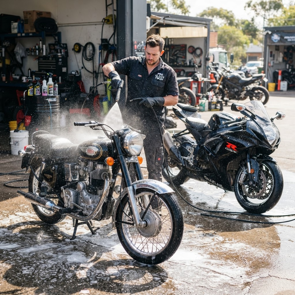 Professional cleaning of a motorcycle and Bullet bike with water spray