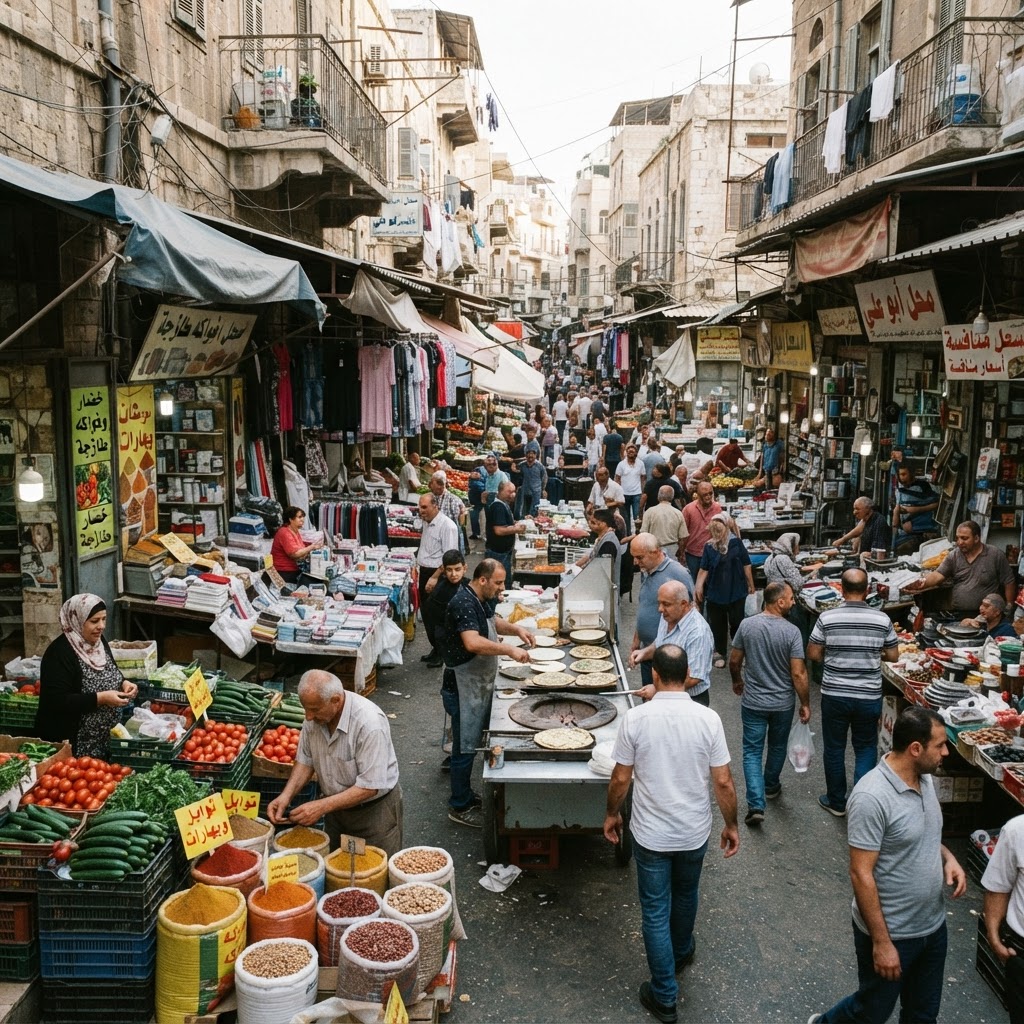 Street vendors and informal market workers in an urban Lebanese setting, informal economy and labor market concept