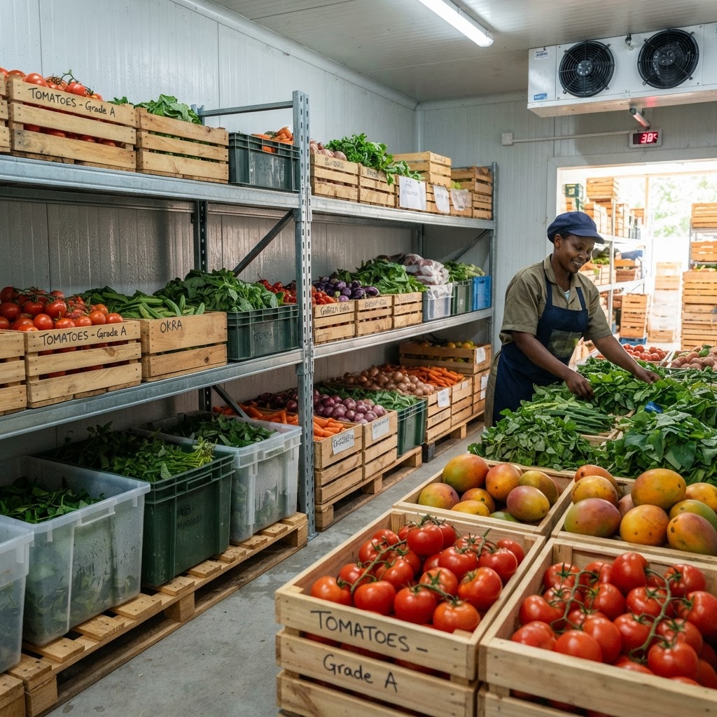 Fruits et légumes frais conservés dans une chambre froide solaire, tomates, mangues et légumes africains bien préservés