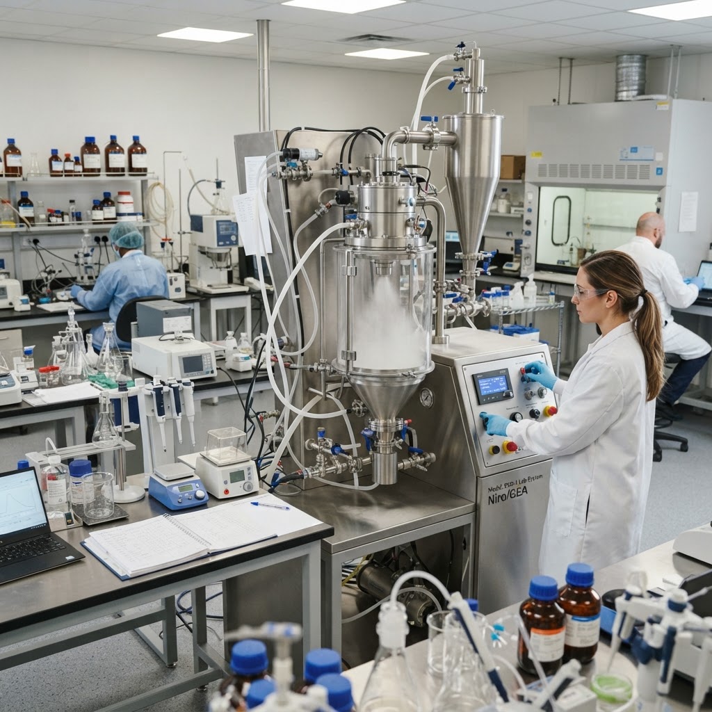 Complex molecule pharmaceutical formulation development laboratory with spray drying and particle engineering equipment