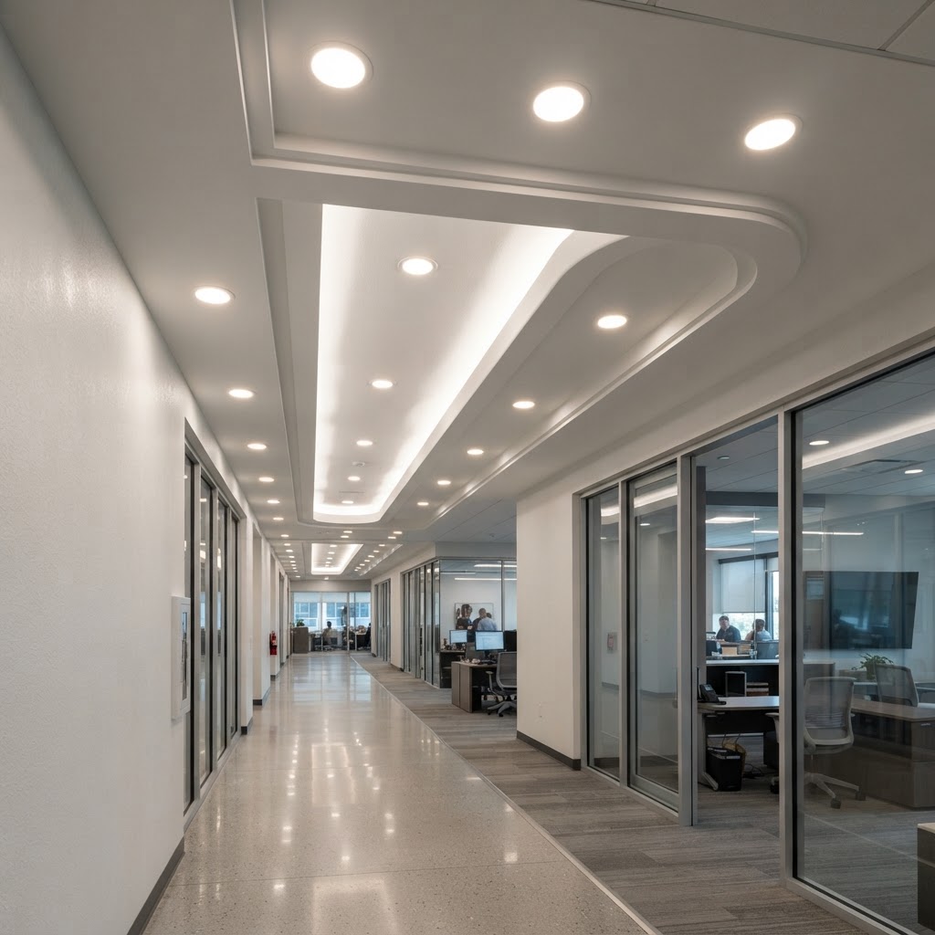 Commercial interior finishing — ceiling POP work and recessed lighting installation