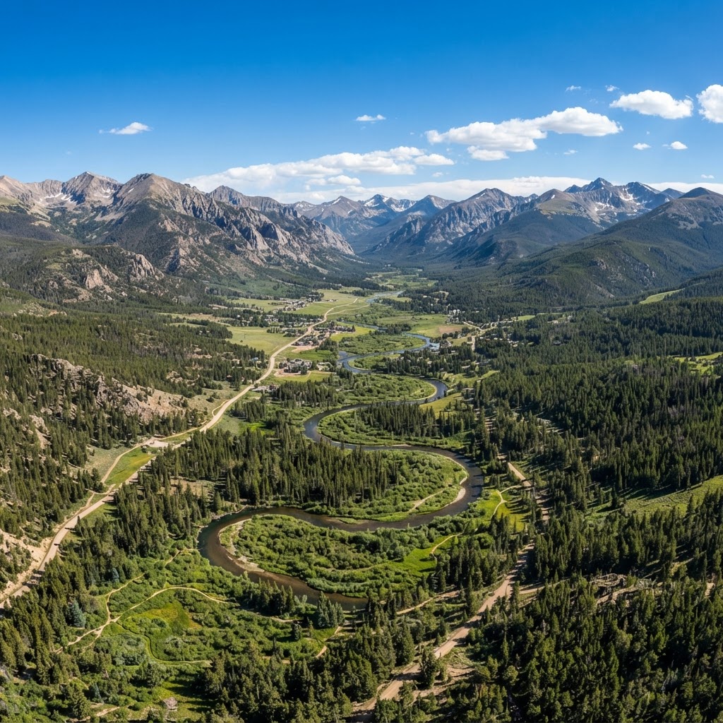 Aerial view of Grand County Colorado with mountain peaks, forested valleys, and the Fraser River corridor