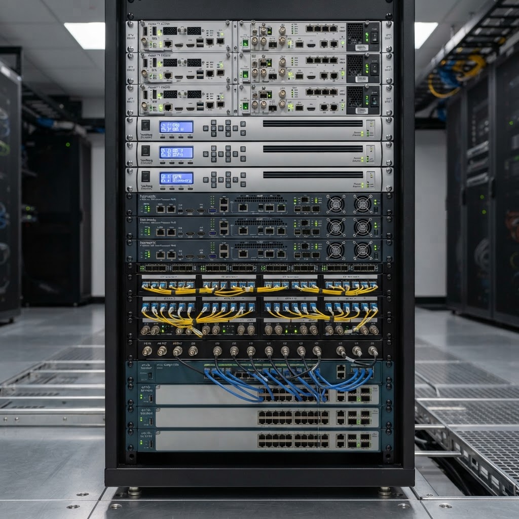 IPTV headend equipment rack with satellite receivers and encoders