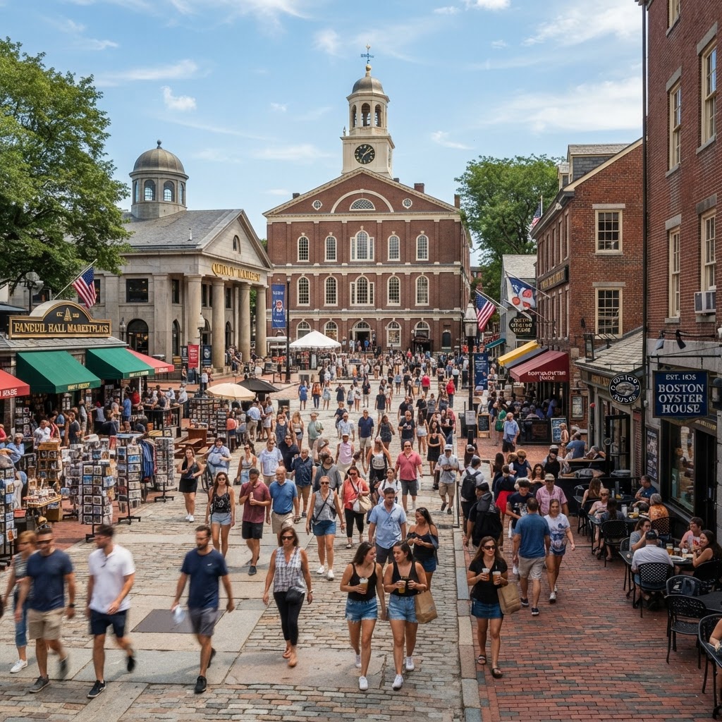 Boston historic Faneuil Hall marketplace with people walking