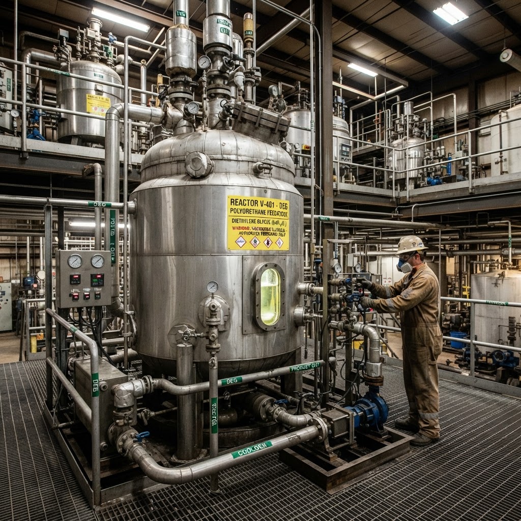 Diethylene glycol DEG chemical in industrial processing vessel, polyurethane feedstock