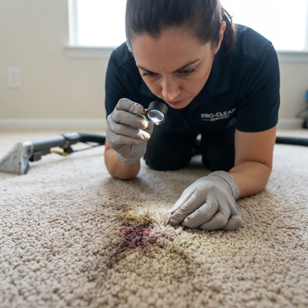 Professional technician closely inspecting carpet fibers and stain areas before beginning the cleaning process